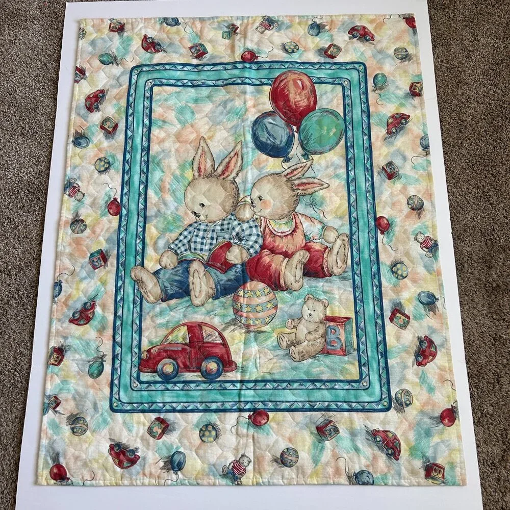 Handmade Baby Blanket Quilt Bunnies Rabbit Balloons Activity Play Mat 33x43 Inch